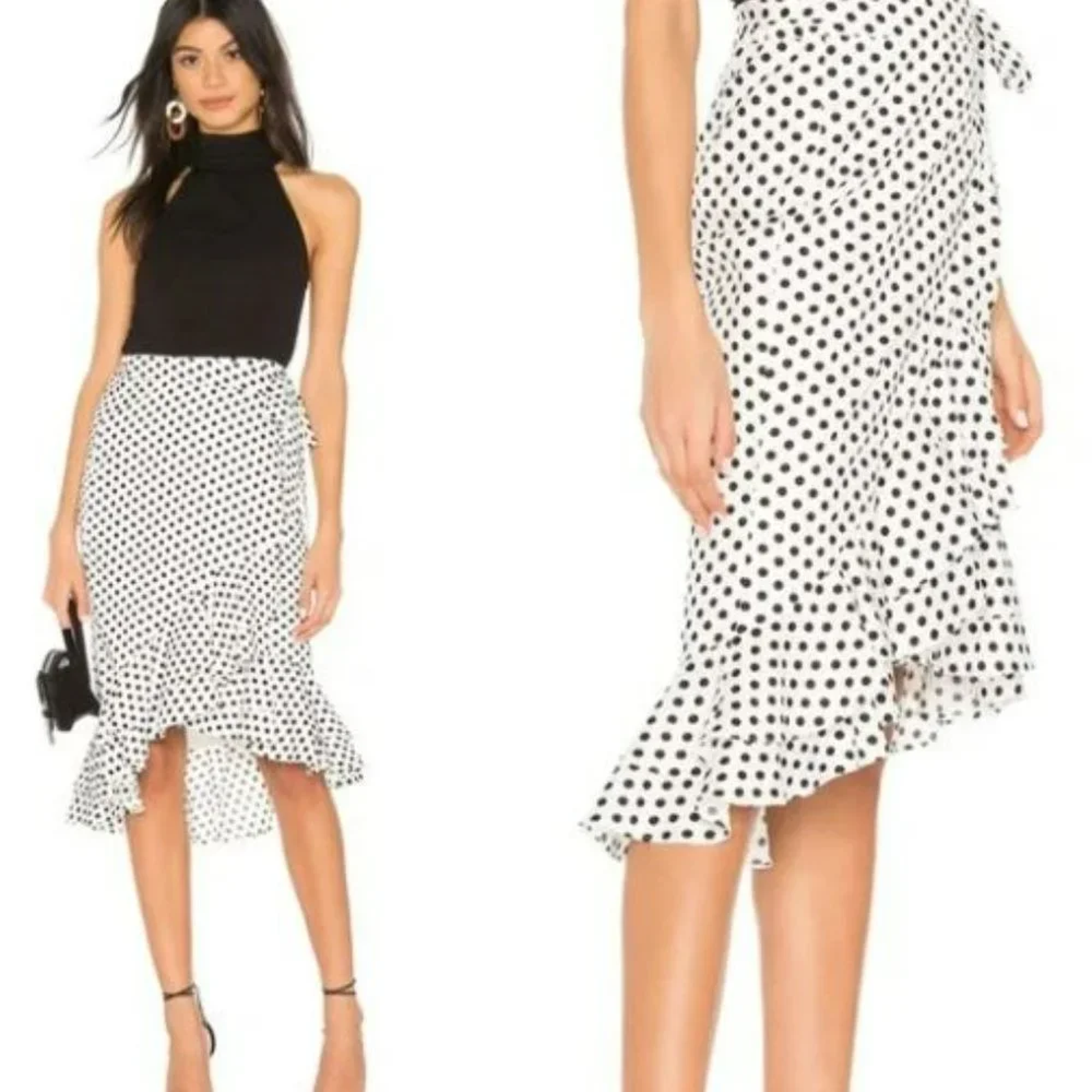 Nwt Tularosa Polka Dot High Rise Ruffle Midi Wrap Skirt White Black Womens Small